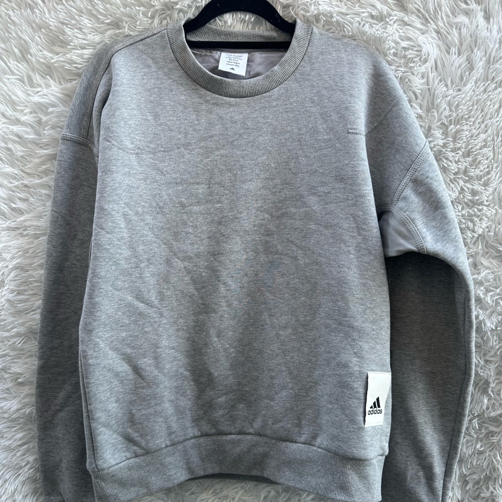 NWOT Women Adidas XS crew Neck sweater Gray with front and sleeve logo